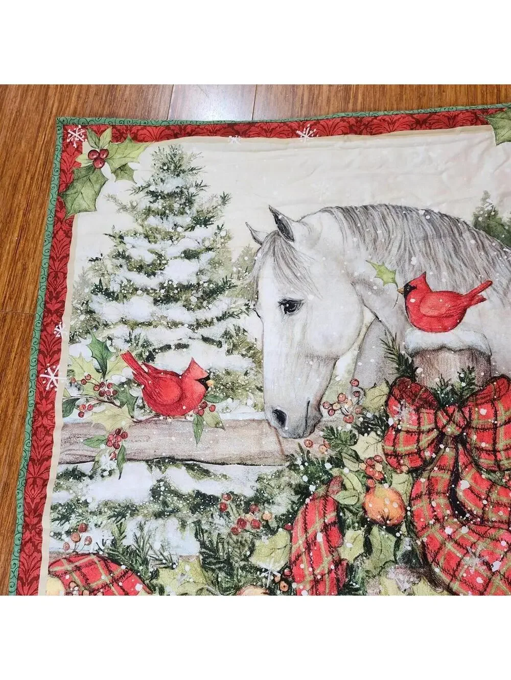 Handmade Holiday White Horse Cardinal Bird Trees Winter Wall Hanging 35x42 Inch